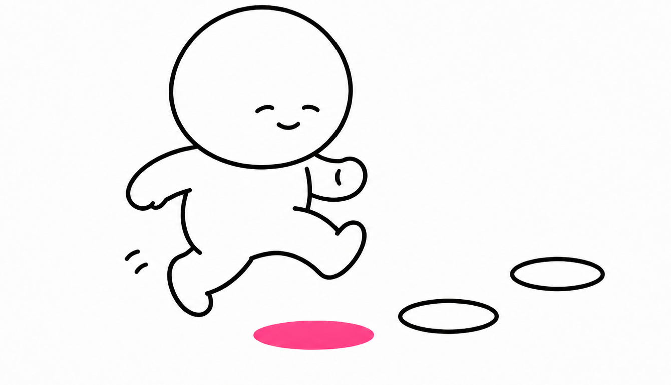 ピンクの最初の石から、前方の二つの白い石へ軽やかに進む人の手描きイラスト